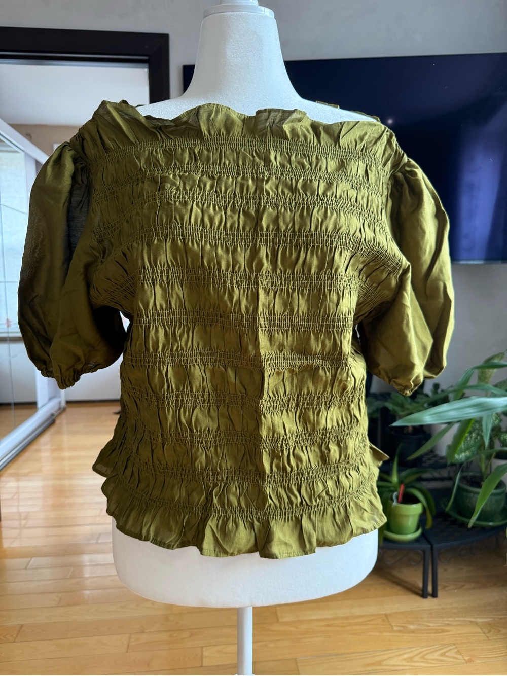 H&M Olive Green Smocked Puff Sleeve Blouse